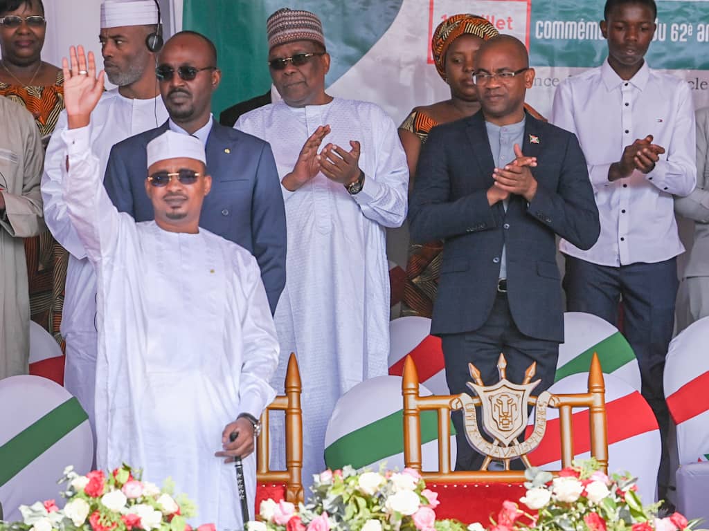 Chadian President General Mahamat Idriss Déby Itno greets the public at the Ingoma stadium in the political capital Gitega, July 1, 2024, DR