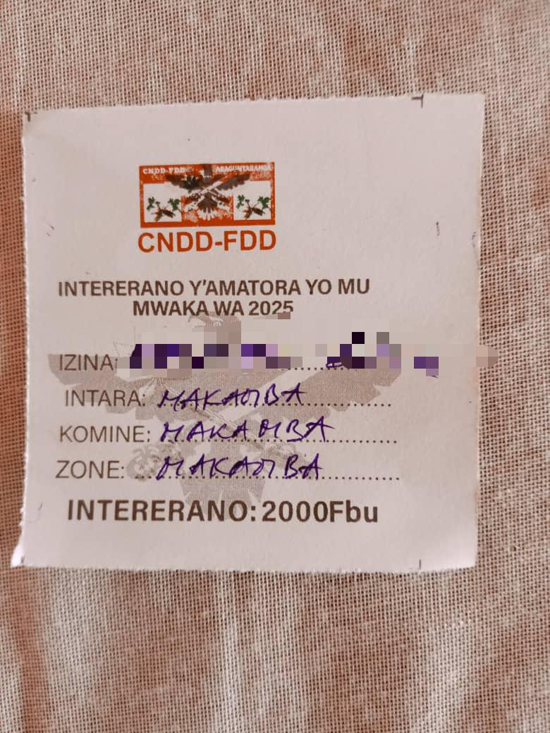 A receipt granted to activists, sympathizers and non-members of the CNDD-FDD who give contributions for the preparation of the ruling party's campaign for the 2025 legislative elections, August 2024, DR