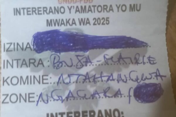 A receipt granted to people who give contributions to the CNDD-FDD as part of the fundraising campaign for the 2025 legislative elections in Makamba province (SOS Médias Burundi)
