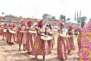 Women parade at the Bubanza stadium in west Burundi, March 8, 2025, DR